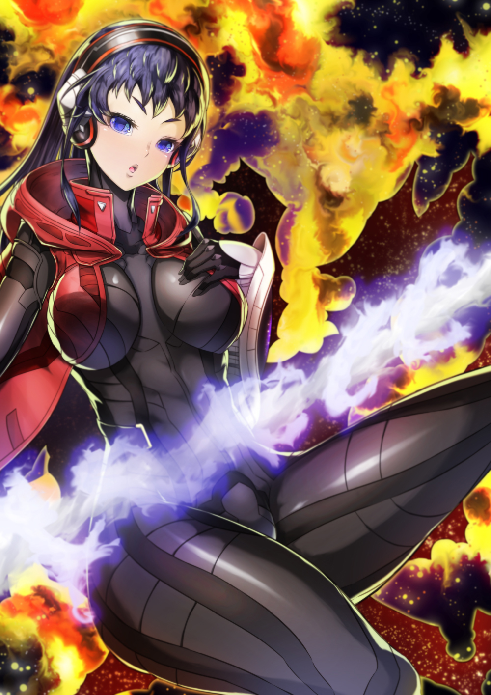 1girl :o alex_(shin_megami_tensei:_strange_journey) bangs black_bodysuit black_gloves black_hair blue_eyes bodysuit breasts collar commentary_request fire gauntlets gloves headphones headset highres hood hood_down large_breasts latex long_hair looking_at_viewer open_mouth rootdesign shin_megami_tensei shin_megami_tensei:_strange_journey shiny shiny_clothes single_gauntlet skin_tight solo thick_thighs thighs vest