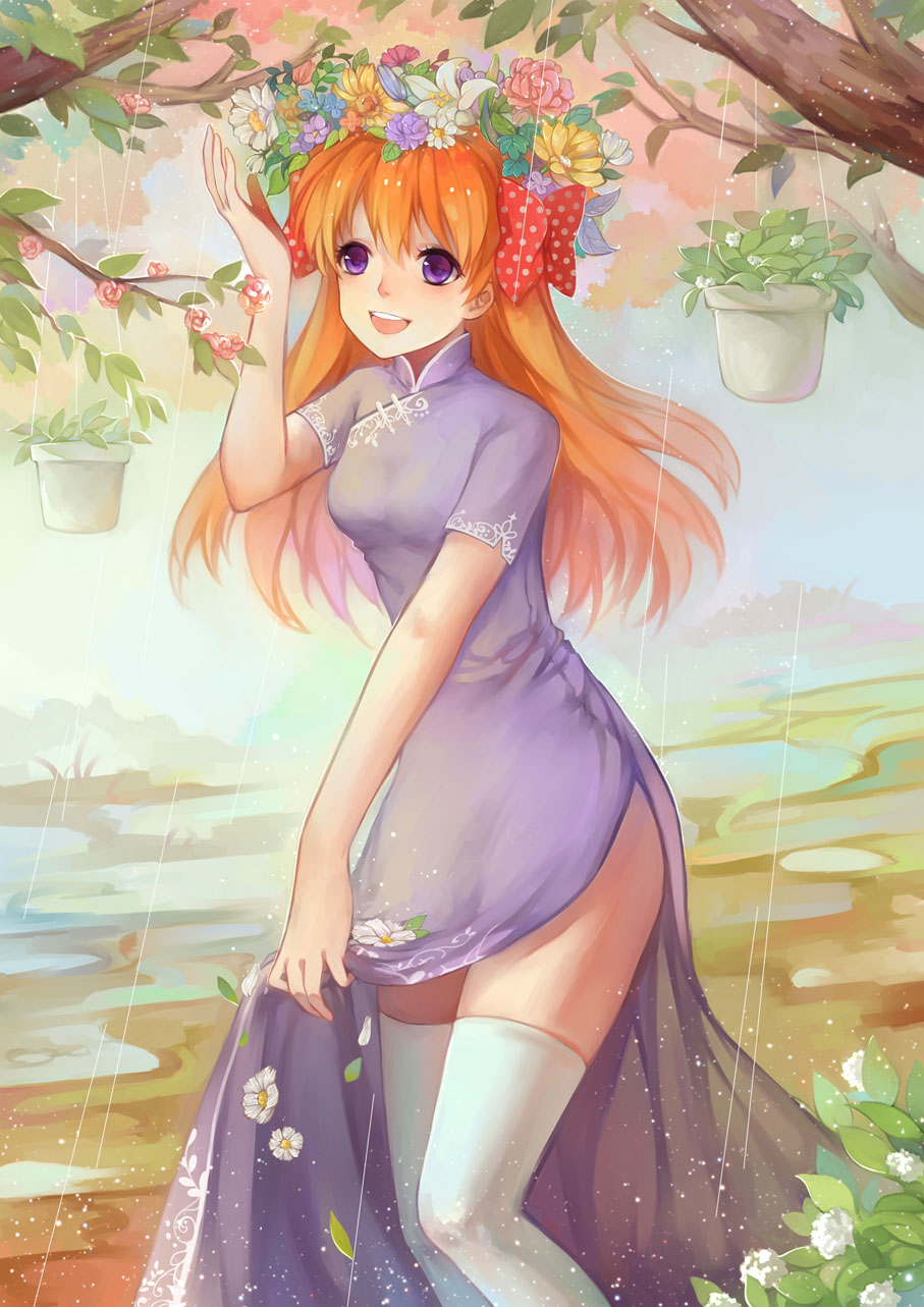 1girl :d blue_dress blue_flower bow china_dress chinese_clothes dress duximeng floating_hair flower gekkan_shoujo_nozaki-kun hair_between_eyes hair_bow hair_flower hair_ornament head_wreath highres long_hair open_mouth orange_hair pink_flower polka_dot polka_dot_bow purple_flower rain red_bow sakura_chiyo short_sleeves side_slit smile solo standing thigh-highs violet_eyes white_flower white_legwear yellow_flower