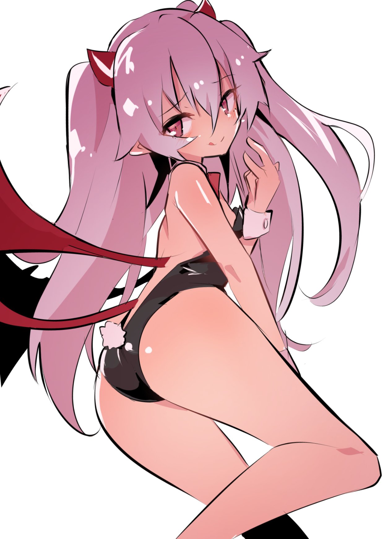 1girl :p ass bare_shoulders bat_wings black_leotard breasts bunny_tail caburi demon_girl demon_tail from_behind grim_aloe hand_to_own_mouth highres horns leg_up leotard long_hair looking_back pink_eyes pink_hair quiz_magic_academy quiz_magic_academy_the_world_evolve simple_background small_breasts smile solo standing standing_on_one_leg strapless strapless_leotard succubus tail tongue tongue_out twintails white_background wings wrist_cuffs