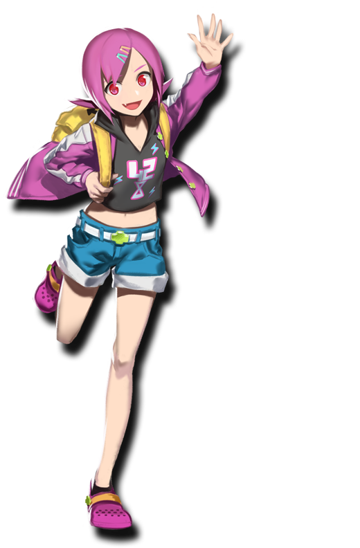 1girl :d artist_request assault_spy backpack bag crocs fang hair_ornament hairclip hood hoodie jacket kanoko_yotsuba looking_at_viewer midriff official_art open_clothes open_jacket open_mouth pink_hair red_eyes shorts smile transparent_background