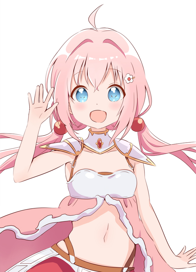 1girl :d bangs bare_arms blue_eyes blush breastplate commentary_request derivative_work endro! eyebrows_visible_through_hair flower hair_between_eyes hair_bobbles hair_flower hair_ornament hairclip hand_up long_hair low_twintails navel open_mouth pauldrons pink_hair simple_background smile solo twintails white_background white_flower yuria_shardet yutsuki_warabi
