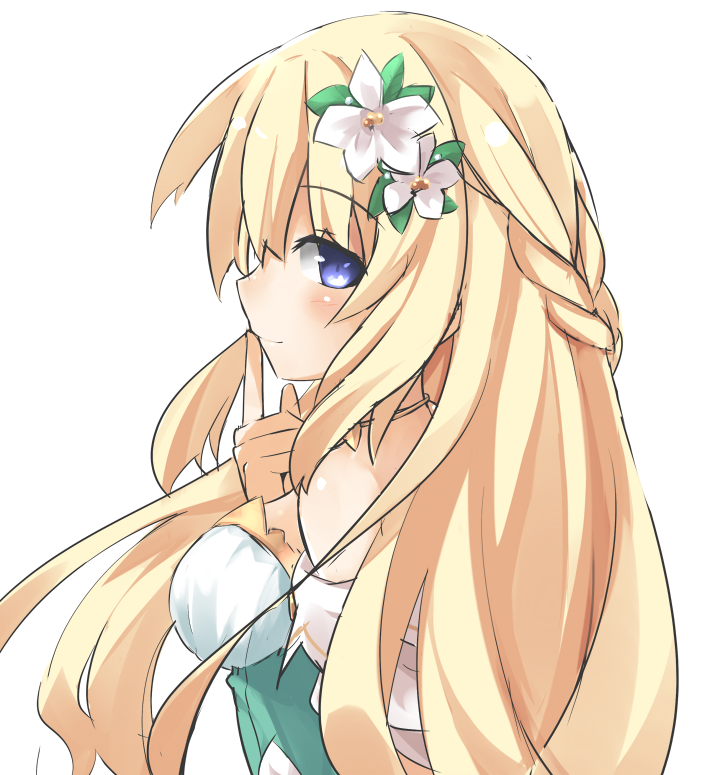 1girl bare_shoulders blonde_hair blue_eyes blush braid breasts finger_to_mouth flower flower_request french_braid hair_flower hair_ornament himajin_(starmine) long_hair looking_at_viewer looking_to_the_side medium_breasts neptune_(series) profile simple_background smile solo upper_body vert white_background