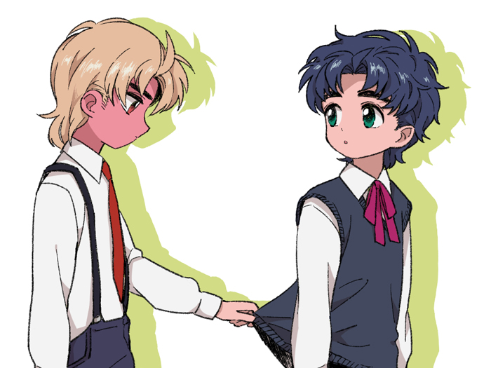 2boys arm_at_side arms_at_sides bangs blonde_hair blue_hair blush card_captor_sakura child closed_mouth clothes_grab collared_shirt dio_brando embarrassed expressionless eye_contact from_side full-face_blush green_eyes hair_intakes jojo_no_kimyou_na_bouken jonathan_joestar long_sleeves looking_at_another male_focus multiple_boys neck_ribbon necktie parody parted_bangs parted_lips phantom_blood pink_neckwear pink_ribbon profile red_eyes red_neckwear ribbon shirt shy simple_background suspenders sweater_vest tareme thick_eyebrows tochiko_(spi) upper_body white_background white_shirt wing_collar