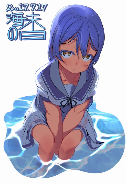 1girl bangs between_legs blue_hair blush closed_mouth dated hair_between_eyes hand_between_legs long_hair looking_at_viewer love_live! love_live!_school_idol_project marine_day partially_submerged repunit shirt simple_background sitting solo sonoda_umi water wet wet_clothes wet_shirt white_background yellow_eyes