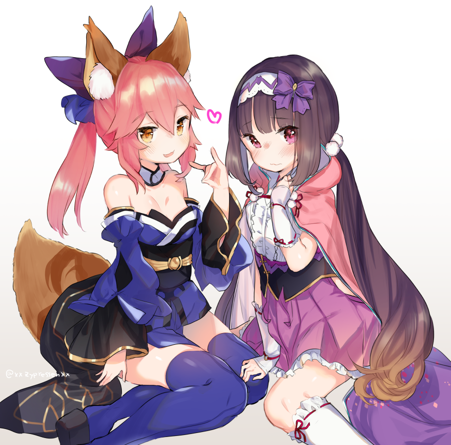 2girls animal_ear_fluff animal_ears bare_shoulders black_hair blue_legwear bow breasts cloak collar detached_sleeves dress fate/grand_order fate_(series) fox_ears fox_girl fox_shadow_puppet fox_tail frilled_skirt frills hair_bow hairband hood hood_down hooded_cloak japanese_clothes kanro_ame_(ameko) large_breasts low_twintails multiple_girls osakabe-hime_(fate/grand_order) pink_hair pleated_skirt purple_skirt skirt strapless strapless_dress tail tamamo_(fate)_(all) tamamo_no_mae_(fate) twintails violet_eyes