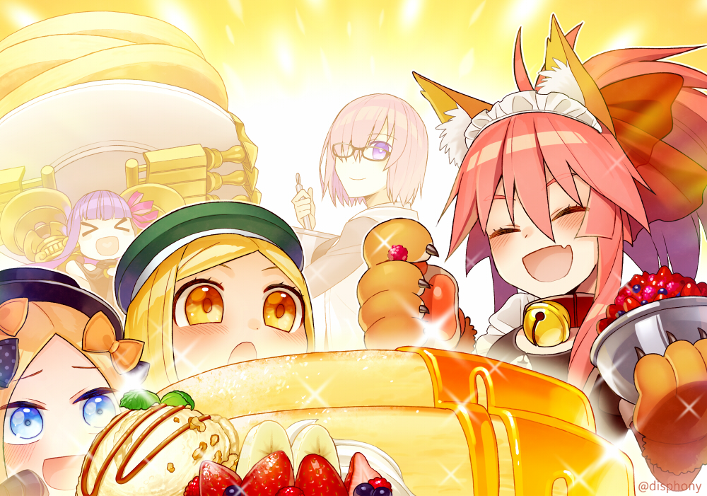&gt;_&lt; 5girls :d :o abigail_williams_(fate/grand_order) animal_ear_fluff animal_ears apron banana bangs bell bell_collar beret black-framed_eyewear black_bow blonde_hair blue_eyes blueberry bow cat_paws claws closed_eyes collar cooking disphony fangs fate/grand_order fate_(series) food fox_ears fox_girl fruit giant_food glasses gloves green_hat hair_over_one_eye hair_ribbon hat ice_cream jingle_bell looking_back maid_headdress mash_kyrielight multiple_girls o-ring o-ring_top open_mouth orange_bow pancake parted_bangs passion_lip paul_bunyan_(fate/grand_order) paw_gloves paws pink_hair plate polka_dot polka_dot_bow purple_hair raspberry ribbon short_hair smile stack_of_pancakes strawberry syrup tamamo_(fate)_(all) tamamo_cat_(fate) violet_eyes yellow_eyes