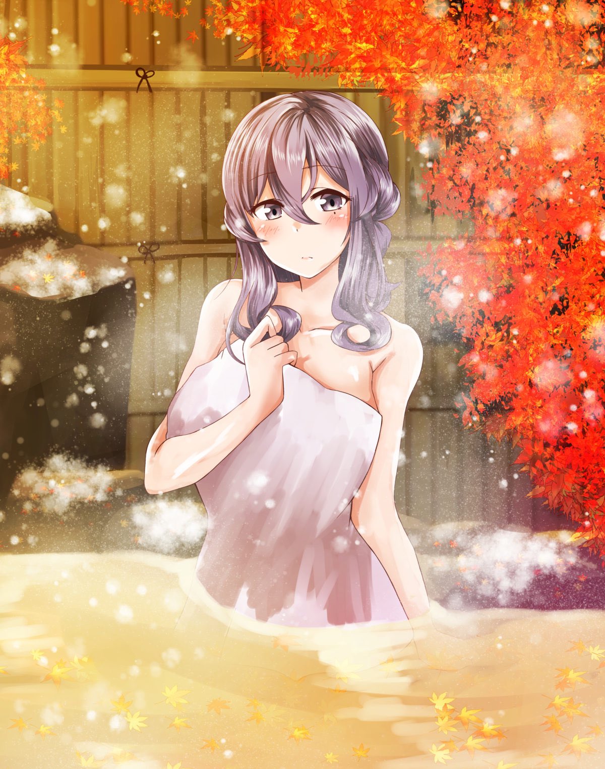 1girl autumn_leaves blue_eyes blue_hair breasts collarbone eyebrows_visible_through_hair gotland_(kantai_collection) hair_between_eyes hair_bun hand_up highres kantai_collection long_hair looking_at_viewer mole mole_under_eye naked_towel nakura_haru onsen outdoors partially_submerged solo steam towel wading