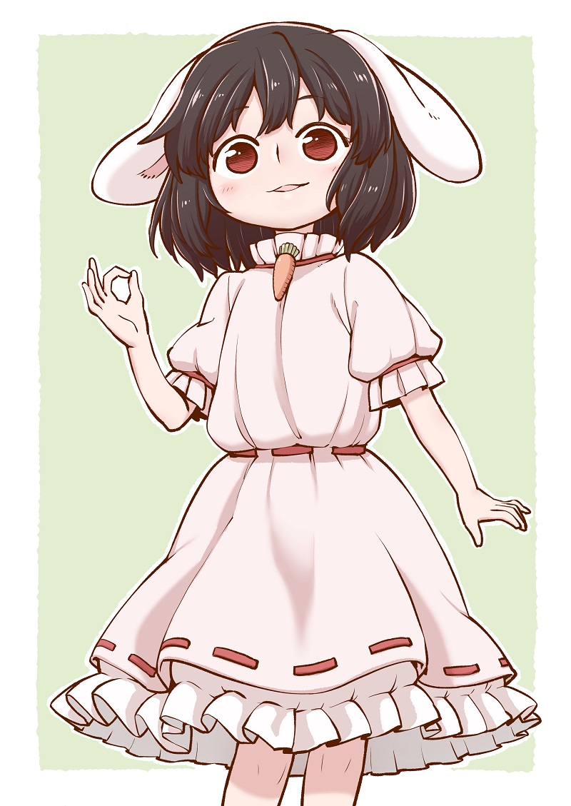 1girl animal_ears bangs black_hair blush border carrot_necklace commentary_request dress eyebrows_visible_through_hair feet_out_of_frame green_background hand_up inaba_tewi looking_at_viewer ok_sign outline outside_border parted_lips petticoat pink_dress poronegi puffy_short_sleeves puffy_sleeves rabbit_ears red_eyes ribbon-trimmed_dress ribbon_trim short_hair short_sleeves simple_background smile solo standing touhou white_border white_outline