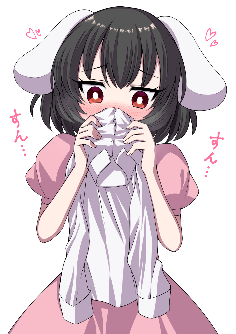 1girl animal_ears arms_up bangs black_hair blush bright_pupils commentary_request covering_mouth dress dress_shirt eyebrows_visible_through_hair facing_viewer head_tilt heart highres holding_shirt inaba_tewi looking_down onomatopoeia pink_dress rabbit_ears red_eyes shirt short_hair simple_background smelling solo touhou tsukimirin upper_body white_background white_pupils white_shirt