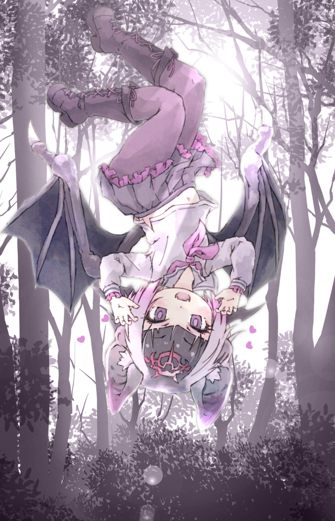 1girl :d animal_ears backlighting bangs bat_ears bat_wings black_hair black_skirt blunt_bangs boots bush claw_pose commentary_request common_vampire_bat_(kemono_friends) cross-laced_footwear eyebrows_visible_through_hair fangs frilled_skirt frilled_sleeves frills full_body gradient_hair heart highres kemono_friends knee_boots kolshica long_sleeves looking_at_viewer midriff_peek multicolored_hair navel open_mouth outdoors pantyhose pink_hair pink_neckwear pleated_skirt sailor_collar short_hair skirt smile solo tree upside-down v-shaped_eyebrows violet_eyes white_hair wings