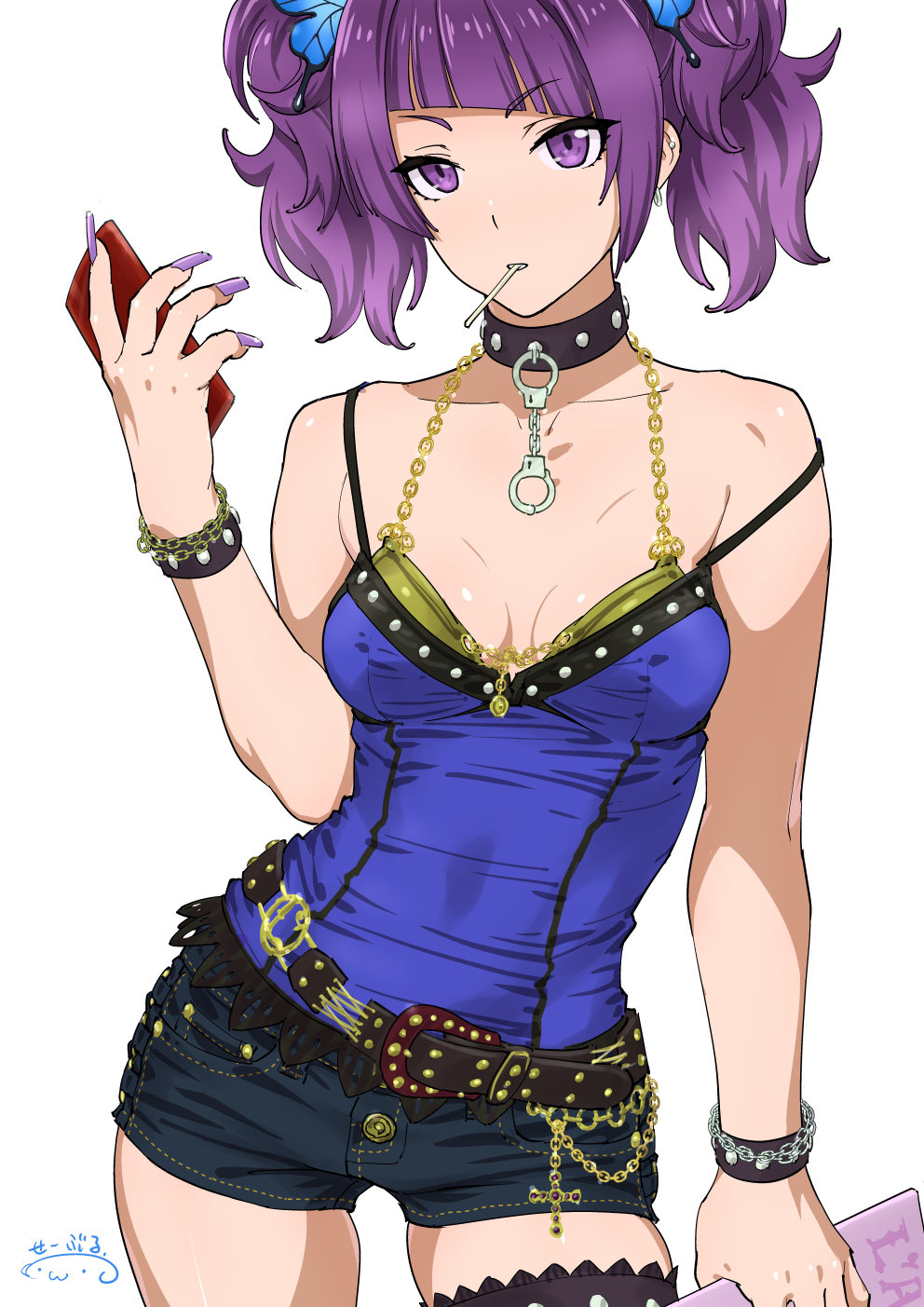 1girl bangs bare_shoulders belt black_choker black_shorts blue_camisole bracelet breasts candy cellphone chains choker cleavage collarbone diagonal_bangs food hair_ornament highres idolmaster idolmaster_shiny_colors jewelry lollipop long_hair looking_at_viewer nail_polish parted_lips phone purple_hair purple_nails short_shorts shorts simple_background small_breasts solo suna tanaka_mamimi twintails violet_eyes white_background