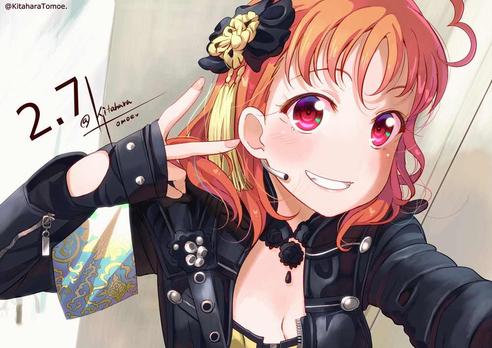 1girl ahoge bangs birthday black_jacket breasts cleavage dated fingerless_gloves garo_(series) gloves grin hair_ornament headset inami_anju jacket kitahara_tomoe_(kitahara_koubou) long_sleeves love_live! love_live!_sunshine!! orange_hair red_eyes seiyuu_connection short_hair signature smile solo takami_chika twitter_username upper_body v