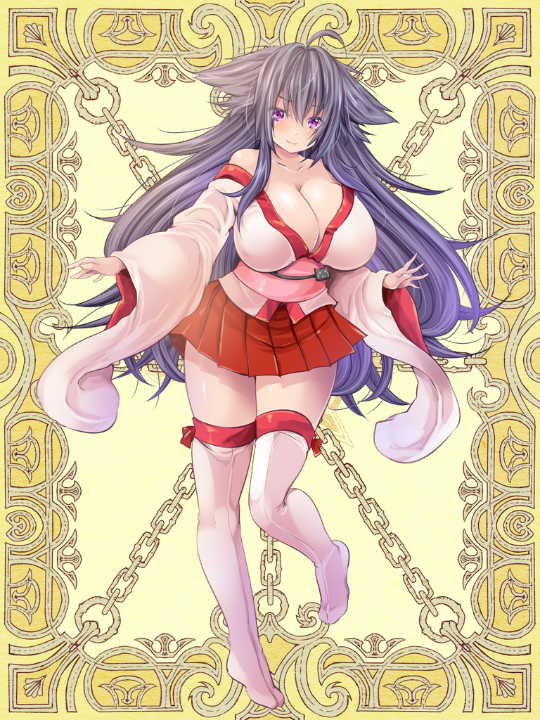 1girl ahoge breasts detached_sleeves full_body japanese_clothes kerberos_blade large_breasts long_hair long_sleeves looking_at_viewer miko obi official_art purple_hair red_skirt sash sidelocks skirt smile solo thigh-highs very_long_hair violet_eyes white_legwear wide_sleeves