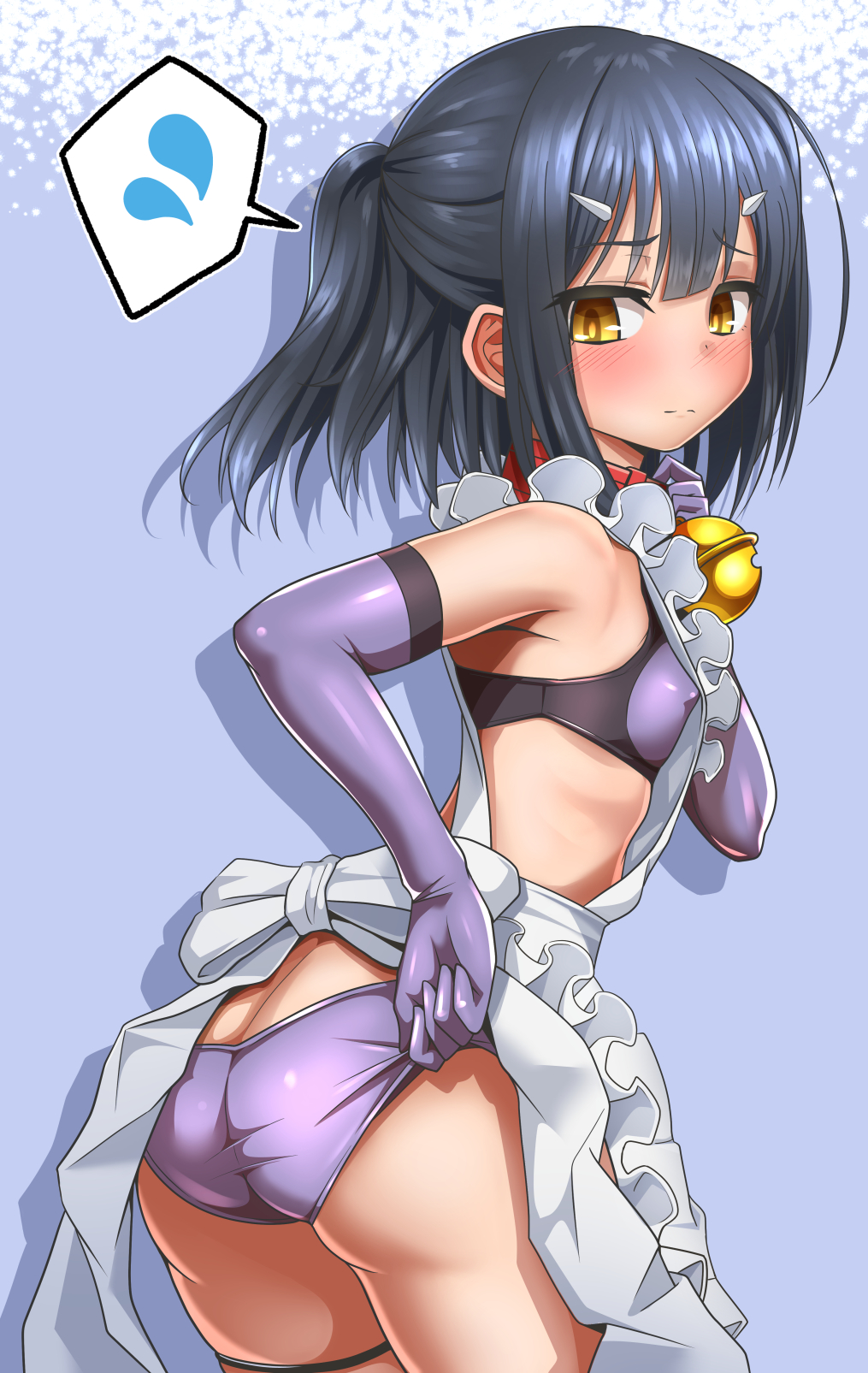 1girl adjusting_clothes adjusting_swimsuit apron armpits ass bangs bell bikini black_hair blue_background blush brown_eyes closed_mouth collar commentary_request drop_shadow elbow_gloves eyebrows_visible_through_hair fate/kaleid_liner_prisma_illya fate_(series) frilled_apron frills from_behind gloves hair_ornament hairclip highres jingle_bell leaning_forward long_hair looking_back miyu_edelfelt ponytail purple_bikini purple_gloves purple_swimsuit sekai_saisoku_no_panda sketch solo speech_bubble standing swimsuit thigh_strap white_apron