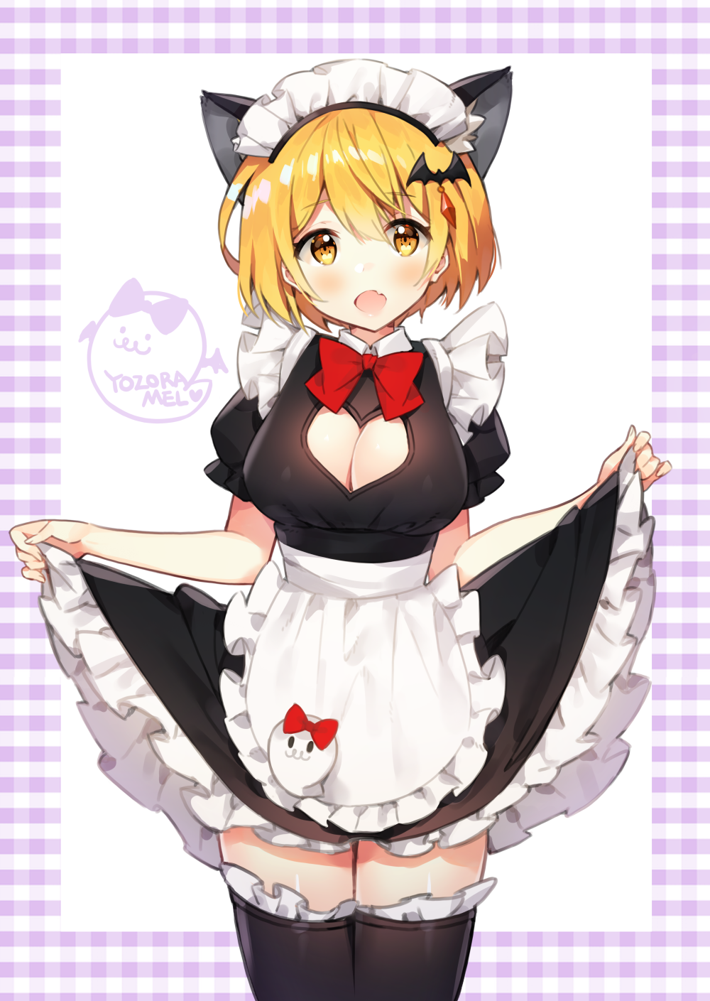 1girl :d animal_ears apron ayamy bangs bat_hair_ornament black_dress black_legwear blonde_hair blush bow bowtie breasts cat_ears cleavage cleavage_cutout collared_dress commentary_request cowboy_shot dress dress_lift fang frilled_apron frilled_dress frilled_legwear frills hair_ornament heart_cutout highres looking_at_viewer maid maid_apron maid_headdress medium_breasts open_mouth original puffy_short_sleeves puffy_sleeves red_neckwear short_hair short_sleeves sidelocks smile solo standing thigh-highs virtual_youtuber white_apron yellow_eyes