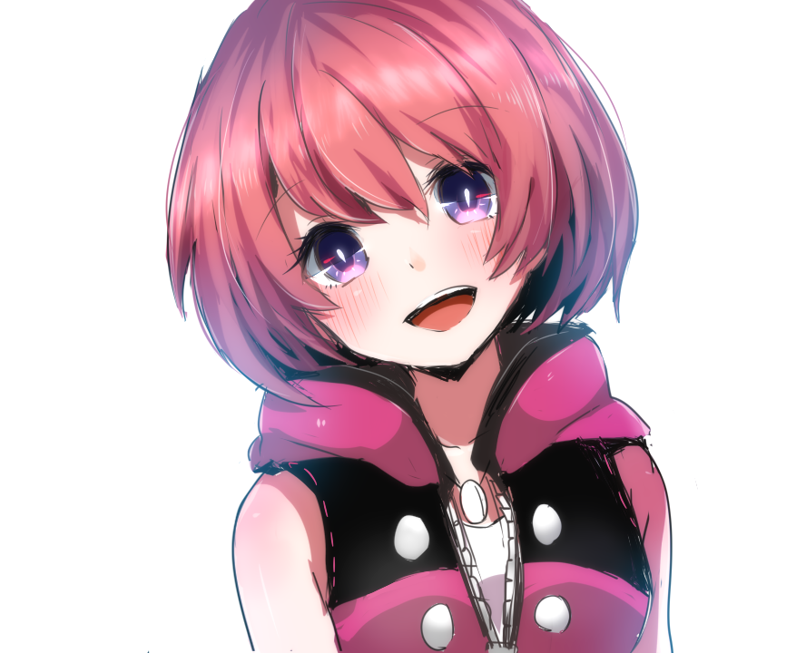 1girl :d bangs blush bright_pupils buttons disney eyebrows_visible_through_hair hair_between_eyes head_tilt herunia_kokuoji hood hood_down jewelry kairi_(kingdom_hearts) kingdom_hearts kingdom_hearts_iii looking_at_viewer necklace open_mouth redhead short_hair simple_background sleeveless smile solo square_enix upper_body violet_eyes white_background white_pupils zipper