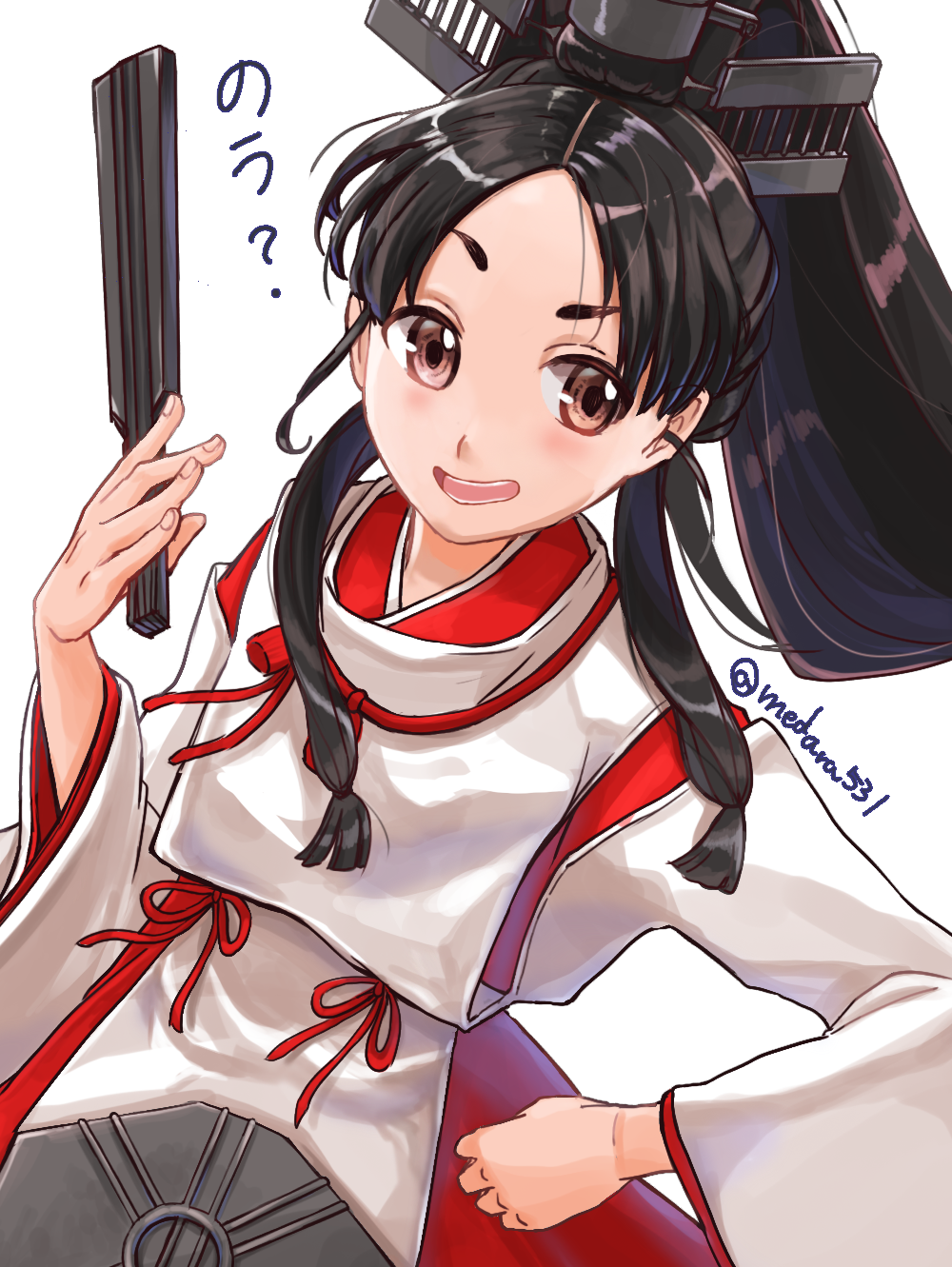 1girl black_hair blush brown_eyes fan folding_fan hair_tie hakama headgear high_ponytail highres holding holding_fan japanese_clothes kantai_collection kariginu long_hair long_sleeves looking_at_viewer medara nisshin_(kantai_collection) open_mouth red_hakama red_ribbon ribbon short_eyebrows sidelocks simple_background solo thick_eyebrows traditional_media twitter_username upper_body very_long_hair white_background wide_sleeves