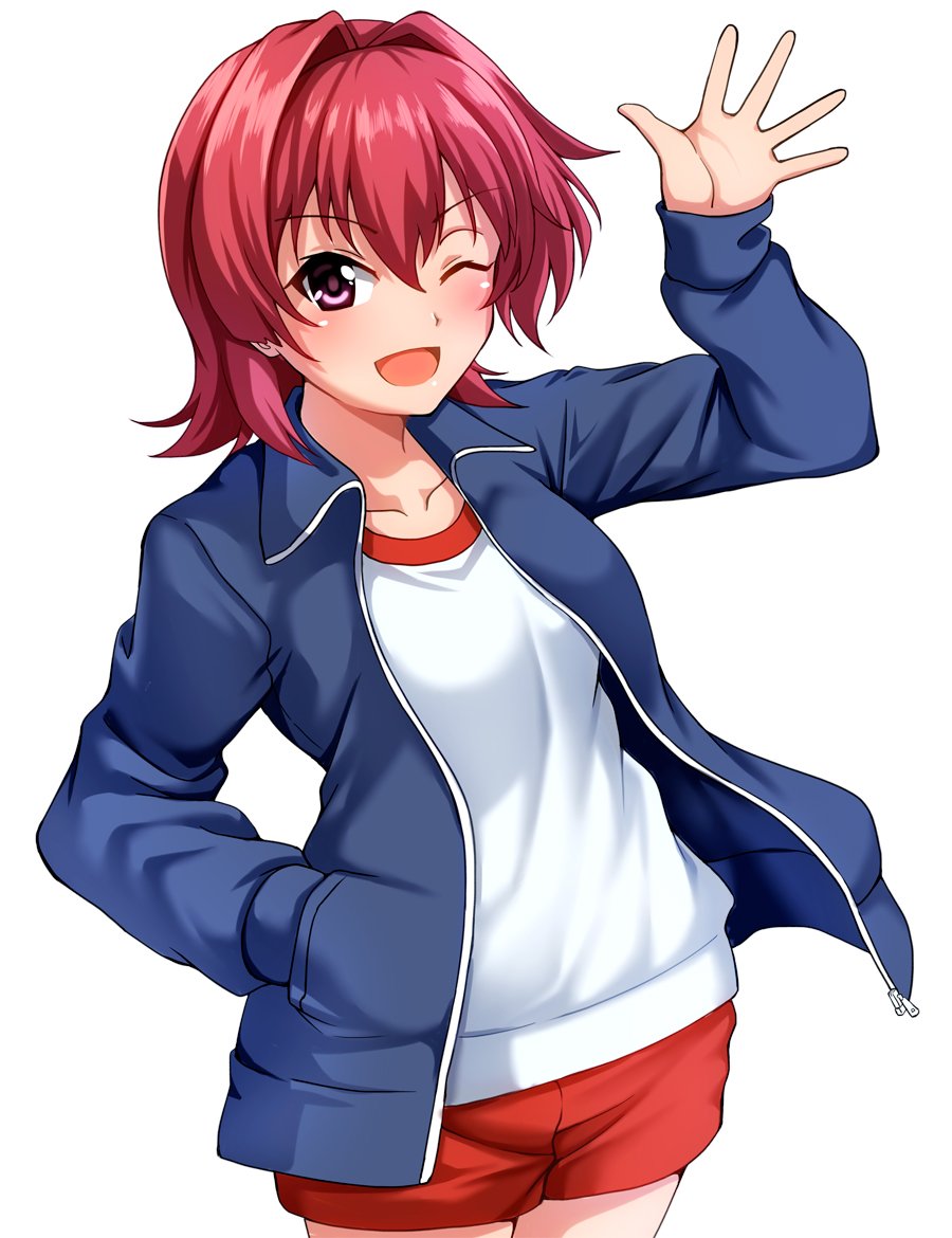 1girl blue_jacket commentary_request cowboy_shot gym_uniform hand_in_pocket jacket kantai_collection kinu_(kantai_collection) long_sleeves looking_at_viewer one_eye_closed open_clothes open_jacket open_mouth orange_eyes red_shorts redhead shirt short_hair shorts simple_background smile solo waving white_background white_shirt zanntetu