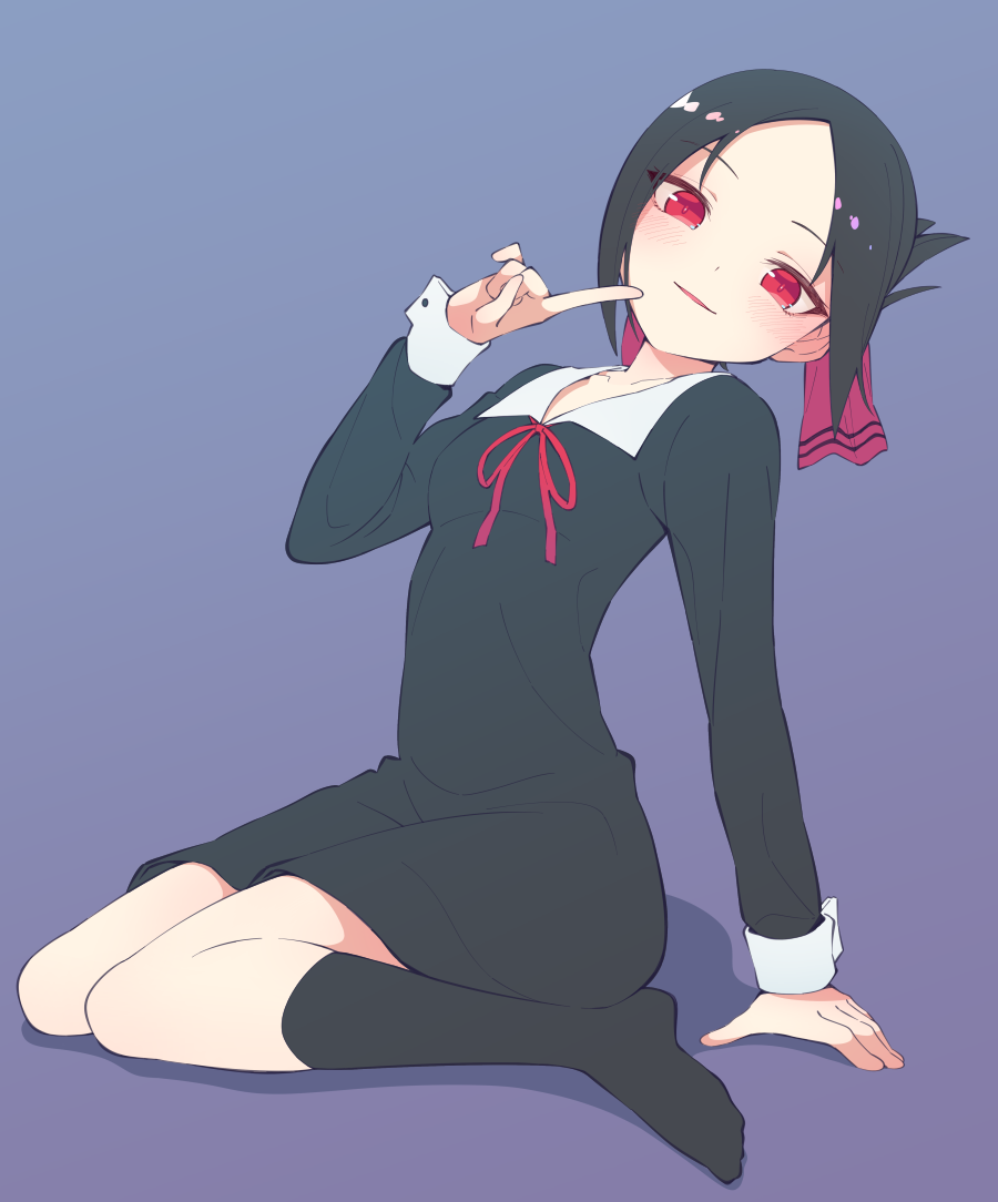 1girl arm_support black_hair black_legwear blush bow dress eyebrows_visible_through_hair finger_to_mouth hair_bow half_updo kaguya-sama_wa_kokurasetai_~tensai-tachi_no_renai_zunousen~ kneehighs no_shoes peaceyj red_eyes red_ribbon ribbon school_uniform shinomiya_kaguya simple_background sitting smirk solo wariza