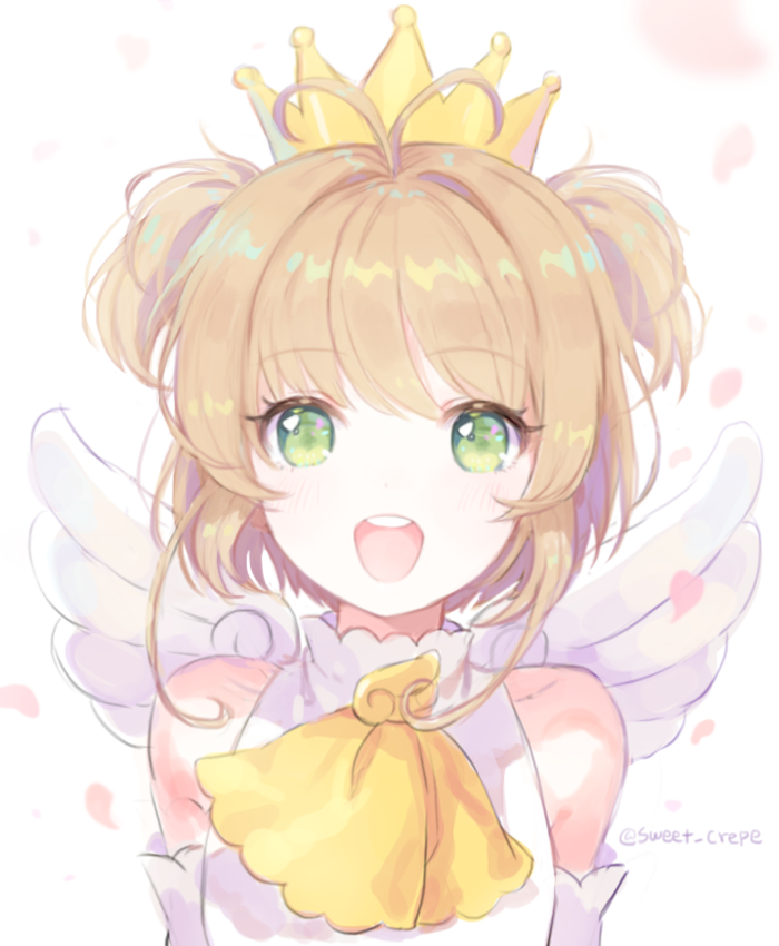 1girl antenna_hair ascot bare_shoulders brown_hair card_captor_sakura collarbone crown detached_sleeves eyebrows_visible_through_hair feathered_wings kinomoto_sakura rapueru shiny shiny_hair short_hair short_wings sidelocks solo twitter_username upper_body white_background white_sleeves white_wings wings yellow_neckwear