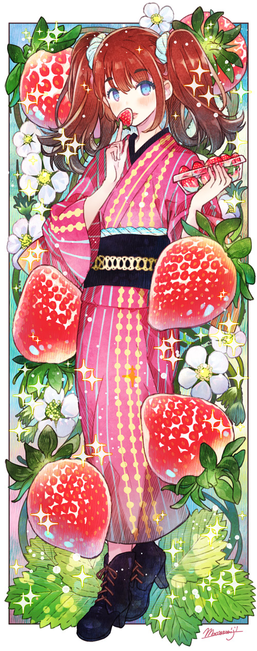 1girl blue_eyes food fruit full_body highres holding holding_food long_pants momiji_mao original pants redhead standing strawberry twintails
