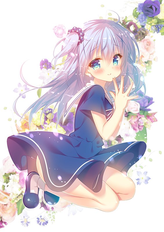 1girl ahoge bangs blue_dress blue_eyes blue_footwear blue_hair blue_scrunchie blush dress floral_print gochuumon_wa_usagi_desu_ka? hair_ornament hair_scrunchie hands_together jumping kafuu_chino light_blue_hair long_hair looking_at_viewer mitsumomo_mamu one_side_up polka_dot polka_dot_scrunchie sailor_dress scrunchie short_sleeves smile socks solo white_legwear x_hair_ornament