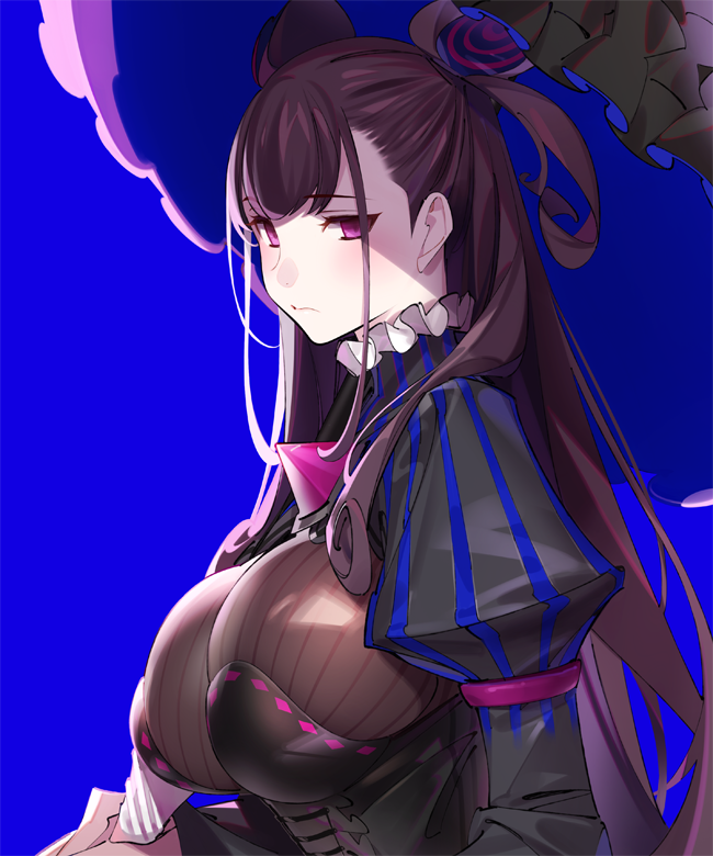 1girl bangs black_hair blue_background breasts collar double_bun fate/grand_order fate_(series) frilled_collar frills from_side juliet_sleeves large_breasts long_hair long_sleeves looking_at_viewer murasaki_shikibu_(fate) pop_kyun puffy_sleeves simple_background solo umbrella upper_body violet_eyes