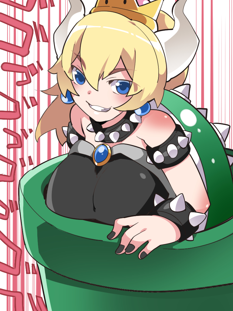 1girl armband bare_shoulders blue_eyes blush bowsette bracelet brooch collar comic crown eyebrows grin hammer_(sunset_beach) horns jewelry long_hair super_mario_bros. nail_polish new_super_mario_bros._u_deluxe nintendo shell smile solo spiked_bracelet spiked_collar spikes super_crown warp_pipe