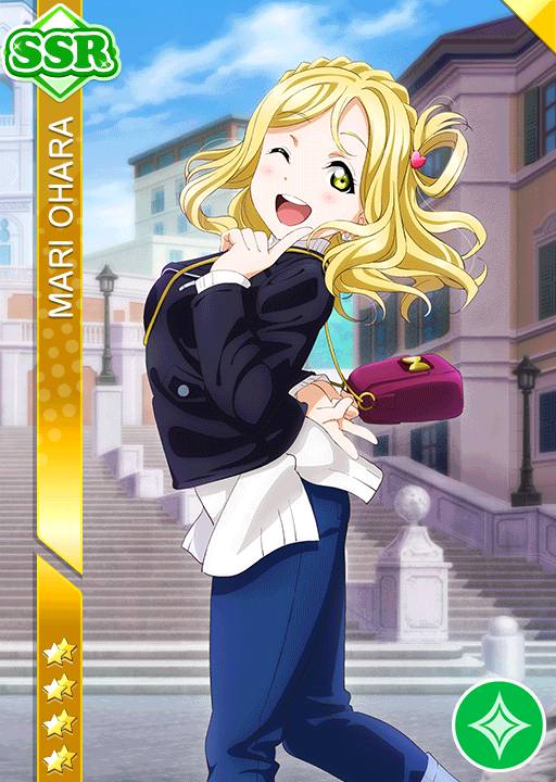 blonde_hair blush character_name jacket love_live!_school_idol_festival love_live!_sunshine!! ohara_mari short_hair smile wink yellow_eyes