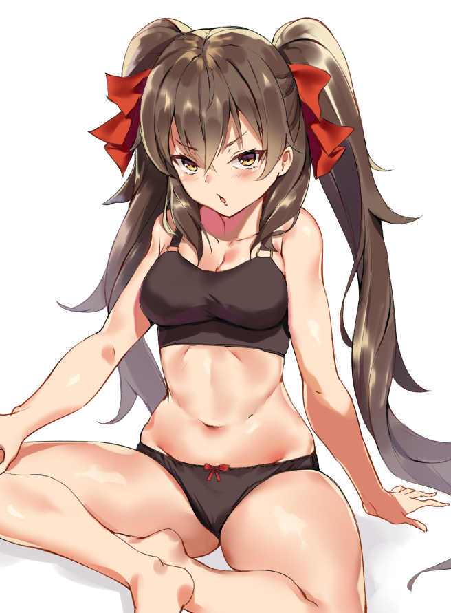 1girl arm_support bangs bare_arms bare_legs barefoot bow breasts brown_eyes brown_hair cleavage collarbone commentary_request eyebrows_visible_through_hair frown girls_frontline hair_bow hair_over_shoulder impossible_clothes indian_style long_hair looking_at_viewer medium_breasts open_mouth pooor qbz-97_(girls_frontline) red_bow sitting soles solo stomach thighs twintails two_side_up underwear very_long_hair