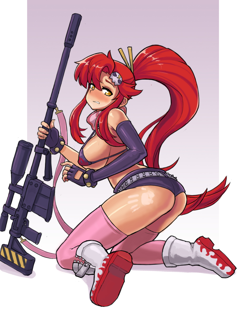 1girl ass blush breasts colorized donburikazoku gloves gun highres long_hair redhead rifle short_shorts shorts sideboob solo tengen_toppa_gurren_lagann thigh-highs weapon yoko_littner