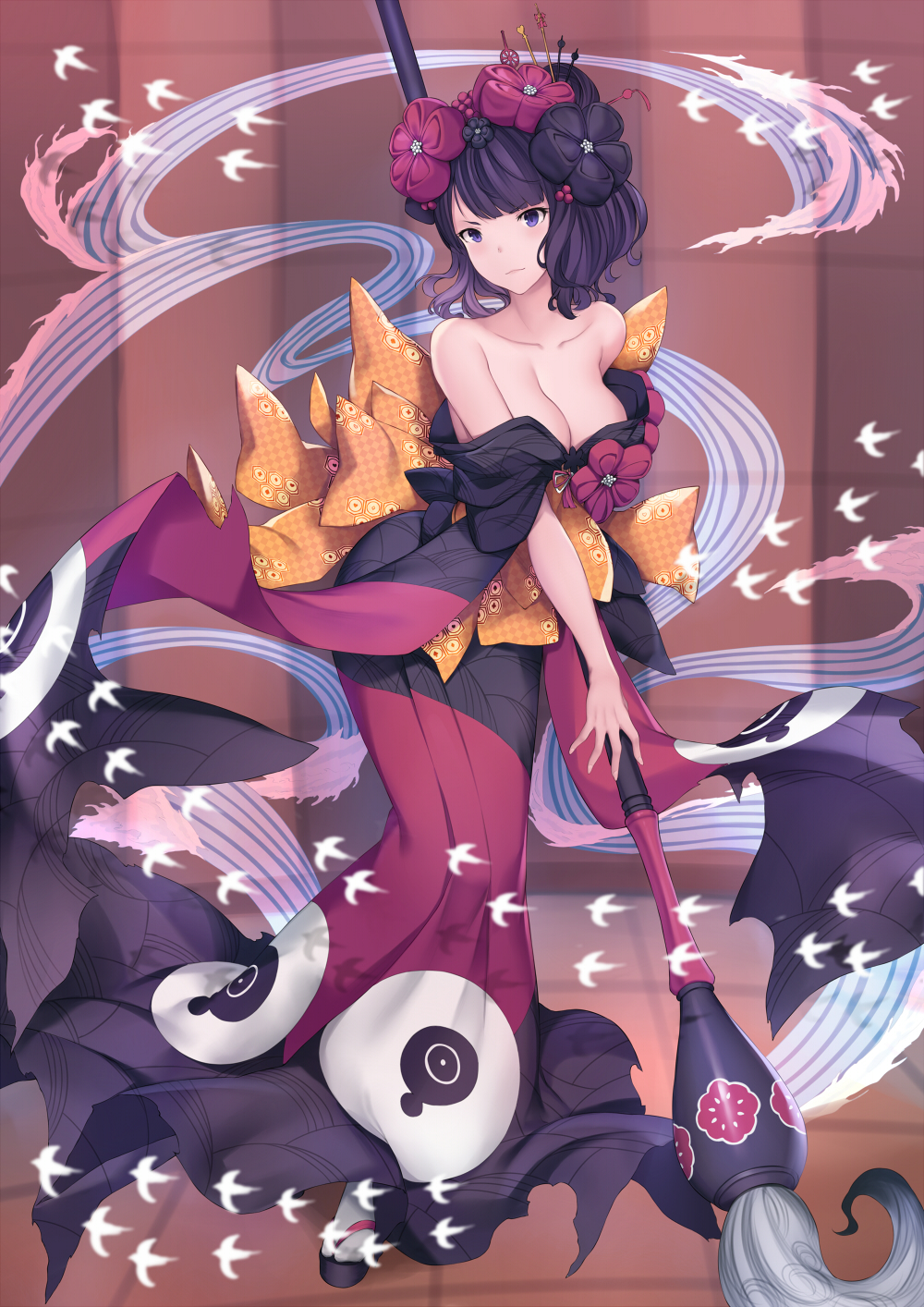 1girl animal bare_shoulders bird black_footwear bow breasts calligraphy_brush checkered checkered_bow cleavage collarbone commentary_request fate/grand_order fate_(series) flying full_body hair_ornament head_tilt highres holding holding_paintbrush japanese_clothes katsushika_hokusai_(fate/grand_order) kimono looking_at_viewer medium_breasts off_shoulder orange_bow oversized_object paintbrush pak_ce purple_hair purple_kimono short_sleeves socks solo standing striped striped_background tabi vertical-striped_background vertical_stripes violet_eyes waves white_legwear wide_sleeves zouri