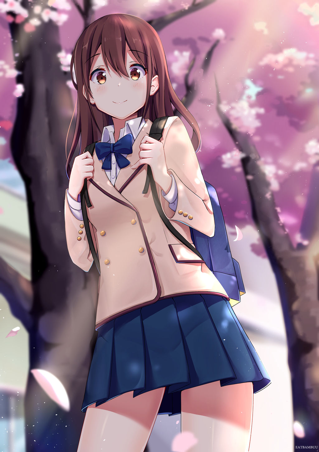 1girl backpack bag blazer blue_bow blue_neckwear blue_skirt blush bow brown_eyes brown_hair brown_jacket cherry_blossoms day hair_between_eyes highres jacket kimi_no_suizou_wo_tabetai long_hair looking_at_viewer outdoors sasatabekung school_uniform skirt smile standing tree yamauchi_sakura