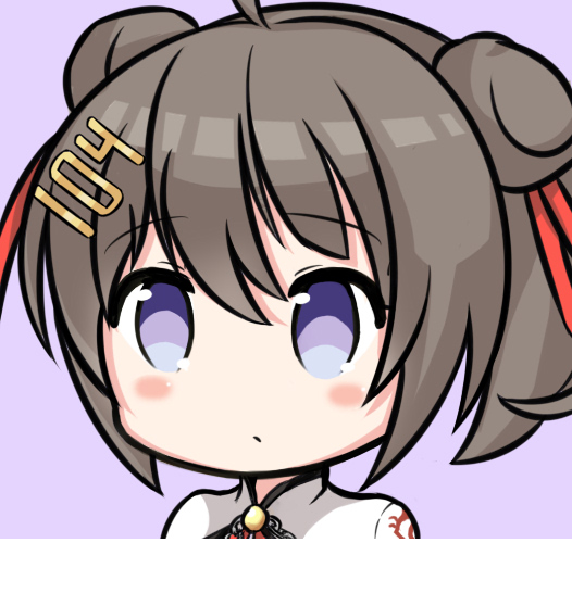 1girl ahoge azur_lane bangs blush brown_hair chibi closed_mouth double_bun eyebrows_visible_through_hair hair_between_eyes hair_ornament hair_ribbon hairclip looking_at_viewer nagato-chan portrait purple_background red_ribbon ribbon short_hair side_bun simple_background solo tai_yuan_(azur_lane) violet_eyes