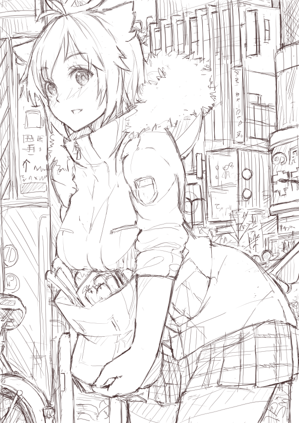 1girl animal_ears artist_request bicycle breasts copyright_request ground_vehicle monochrome short_hair skirt solo winter_clothes