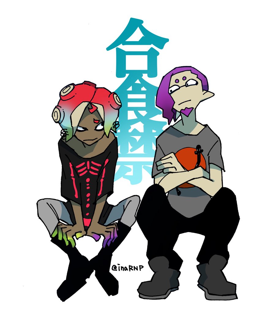 2boys black_footwear boots crossed_arms dark_skin dark_skinned_male facial_hair goatee gradient_hair grey_pants group_name ikkan_(splatoon) inahara invisible_chair male_focus multicolored_hair multiple_boys octarian off_shoulder pants purple_hair redhead shirt simple_background sitting skeleton_print splatoon splatoon_(series) splatoon_2 t-shirt tentacle_hair tentacle_piercing warabi_(splatoon) white_background