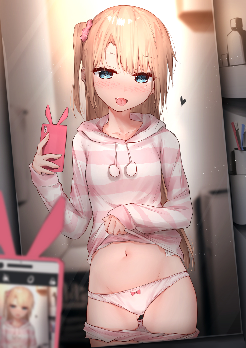 1girl :d blonde_hair blue_eyes blurry blush cellphone collarbone depth_of_field drawstring fang gluteal_fold groin hair_ornament hair_scrunchie hand_up heart highres holding holding_phone hood hood_down hoodie indoors kanju light_particles long_hair long_sleeves looking_at_mirror looking_at_viewer mirror mole mole_under_eye navel one_side_up open_mouth original panties phone pink_hoodie pink_scrunchie pink_shorts reflection scrunchie self_shot shirt_lift short_shorts shorts shorts_pull sidelocks smile solo standing stomach striped striped_hoodie striped_shorts toothbrush underwear white_panties