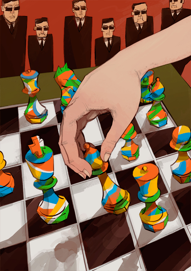 6+boys black_hair black_neckwear board_game chess chess_piece chessboard colorful formal hands holding multicolored multiple_boys original red_background serious shirt suit sunglasses taro.y white_shirt