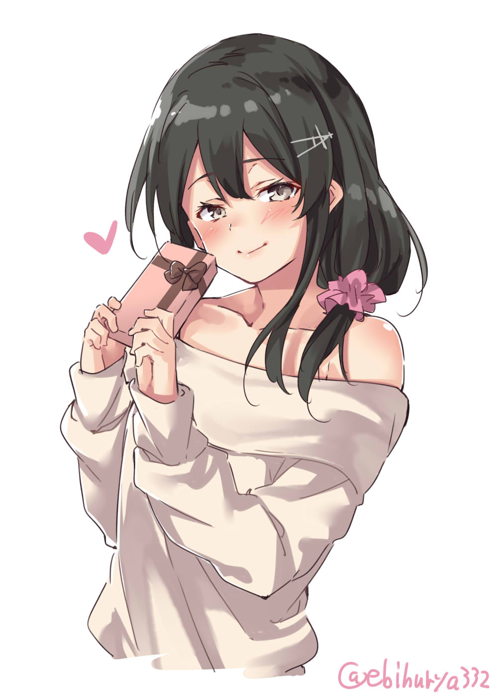 1girl alternate_costume black_hair blush box closed_mouth ebifurya eyebrows_visible_through_hair gift gift_box grey_eyes grey_sweater hair_between_eyes hair_ornament hairclip heart highres kantai_collection long_sleeves looking_at_viewer oyashio_(kantai_collection) simple_background solo sweater white_background