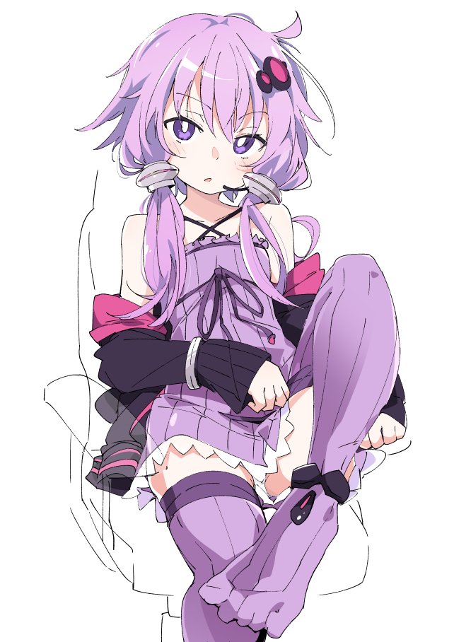 1girl blush chair dress eyebrows_visible_through_hair hair_ornament ixy looking_at_viewer purple_dress purple_hair purple_legwear short_hair_with_long_locks simple_background sitting solo thigh-highs violet_eyes voiceroid white_background yuzuki_yukari