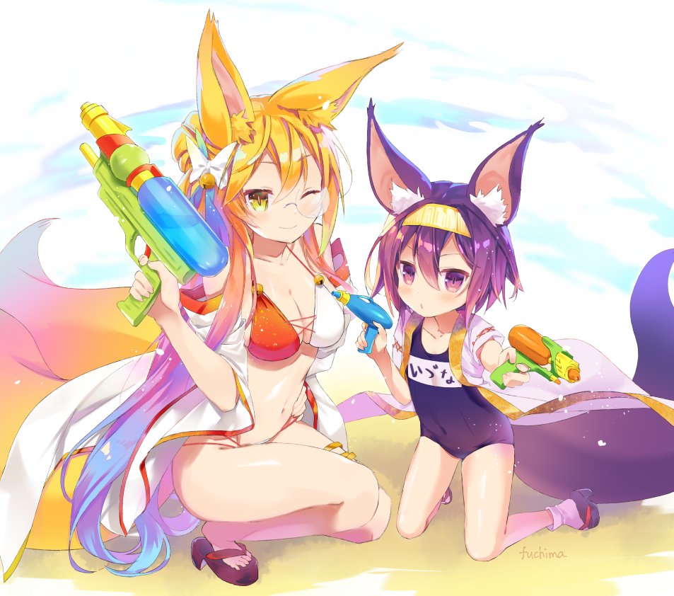 2girls animal_ear_fluff animal_ears artist_name beach bell bikini blonde_hair blush breasts cleavage closed_mouth commentary_request fox_ears fox_tail fuchima geta glasses gradient_hair hair_between_eyes hairband hatsuse_izuna kneeling long_hair looking_at_viewer medium_breasts miko_(no_game_no_life) multicolored_hair multiple_girls multiple_tails navel no_game_no_life one_eye_closed purple_hair sand school_swimsuit short_hair slit_pupils smile swimsuit tabi tail very_long_hair violet_eyes water water_gun whiskers yellow_eyes