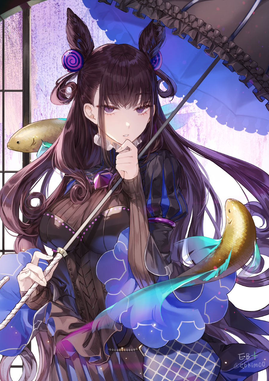 1girl bangs black_hair breasts dress eyebrows_visible_through_hair fate/grand_order fate_(series) fish hair_ornament highres kim_eb long_hair looking_at_viewer murasaki_shikibu_(fate) parted_lips sleeves_past_wrists solo umbrella violet_eyes