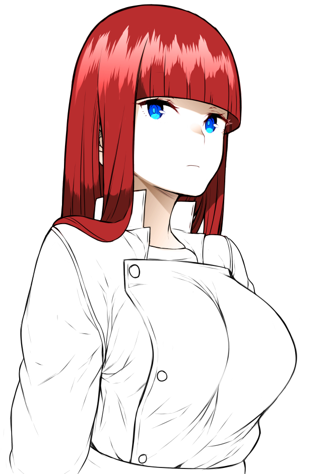 1girl alternate_hairstyle bangs blue_eyes blunt_bangs breasts creatures_(company) esouko expressionless game_freak large_breasts long_hair looking_at_viewer musashi_(pokemon) nintendo pokemon pokemon_(anime) redhead shirt simple_background solo spot_color straight_hair upper_body white_background
