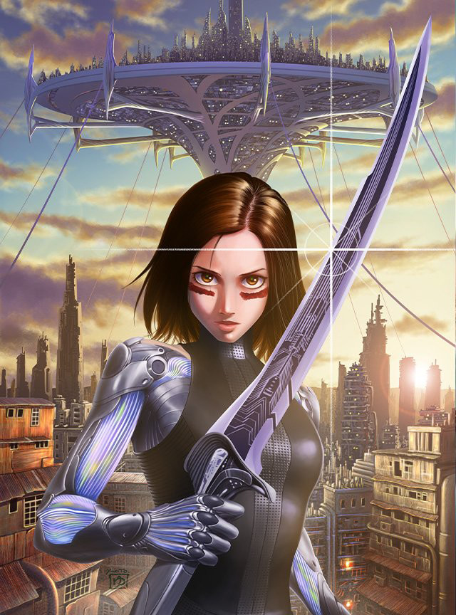 1girl alita:_battle_angel alita_(alita:_battle_angel) brown_eyes brown_hair building city clouds commentary_request cyborg facial_mark floating_city gally gunnm kishiro_yukito lens_flare lips shiny skyscraper solo sun sunset sword upper_body weapon