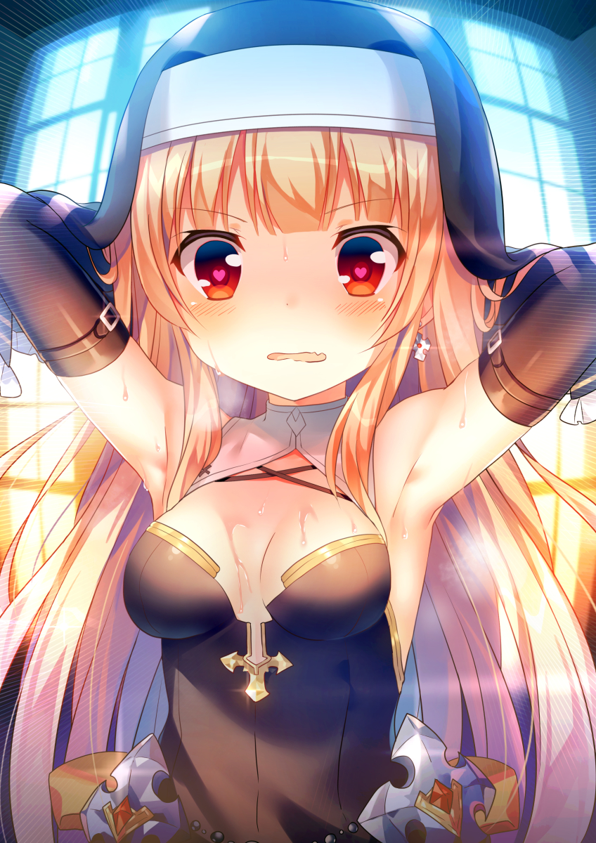 1girl armpits arms_behind_head arms_up backlighting bare_shoulders beads black_gloves blonde_hair blush breasts breasts_apart breath craytm cross elbow_gloves fang glint gloves habit heart heart-shaped_pupils highres jewelry long_hair looking_at_viewer medium_breasts open_mouth original red_eyes sidelocks single_earring solo sweat symbol-shaped_pupils upper_body veil wavy_mouth window