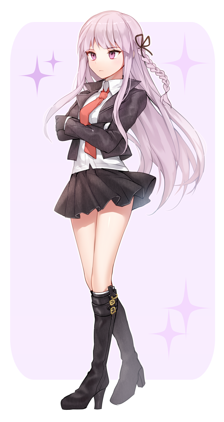 1girl arms_under_breasts bangs black_footwear black_gloves black_jacket black_ribbon black_skirt boots braid breasts commentary_request dangan_ronpa dangan_ronpa_1 dot_nose full_body gloves hair_ornament hair_ribbon highres jacket kirigiri_kyouko long_hair long_sleeves looking_to_the_side medium_breasts necktie purple_hair red_neckwear ribbon shirt single_braid skirt solo standing star violet_eyes white_shirt yuhi_(hssh_6)