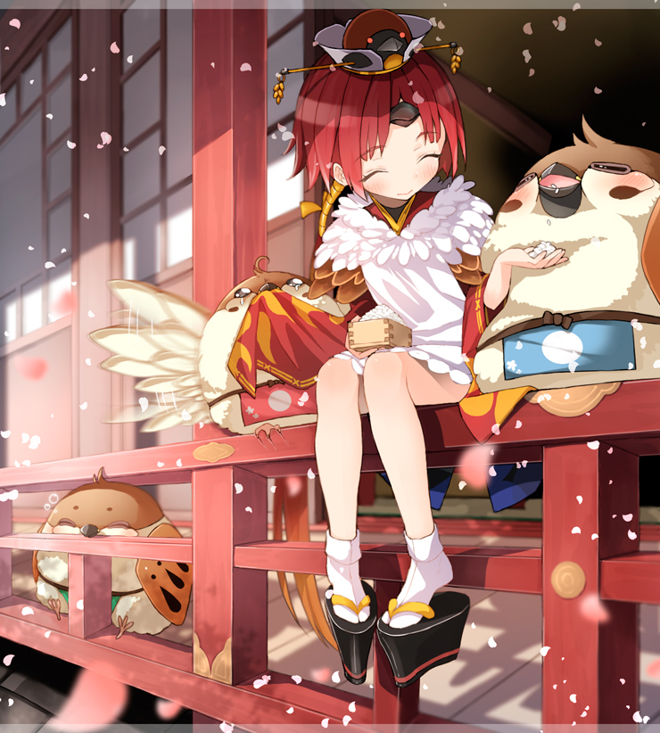 1girl apron architecture benienma_(fate/grand_order) bird box cherry_blossoms closed_eyes east_asian_architecture fate/grand_order fate_(series) feeding low_ponytail petals rice sakasa_(guranyto) sitting smile sparrow