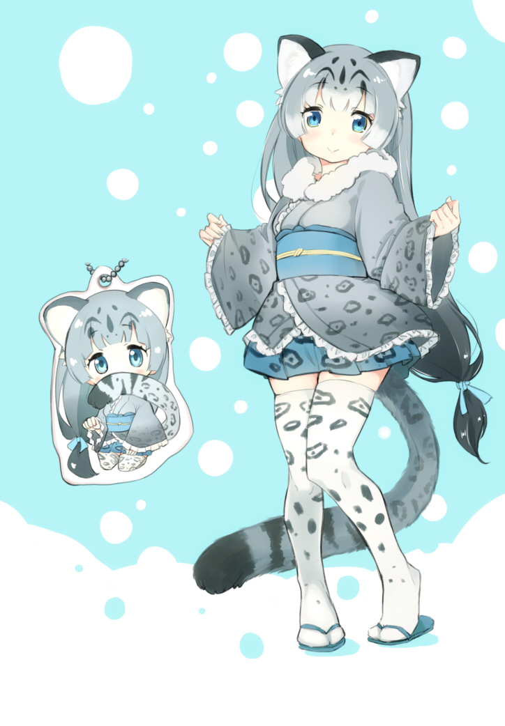 1girl animal_ears animal_print blue_background blue_eyes blue_skirt blush chibi closed_mouth commentary_request eyebrows_visible_through_hair frilled_sleeves frills grey_hair japanese_clothes kemono_friends keychain kimono kimono_skirt leopard_ears leopard_print leopard_tail long_hair looking_at_viewer low-tied_long_hair multicolored_hair obi pleated_skirt rousetsu sandals sash seiza sitting skirt smile snow_leopard_(kemono_friends) standing tail thigh-highs very_long_hair white_hair white_legwear wide_sleeves zettai_ryouiki