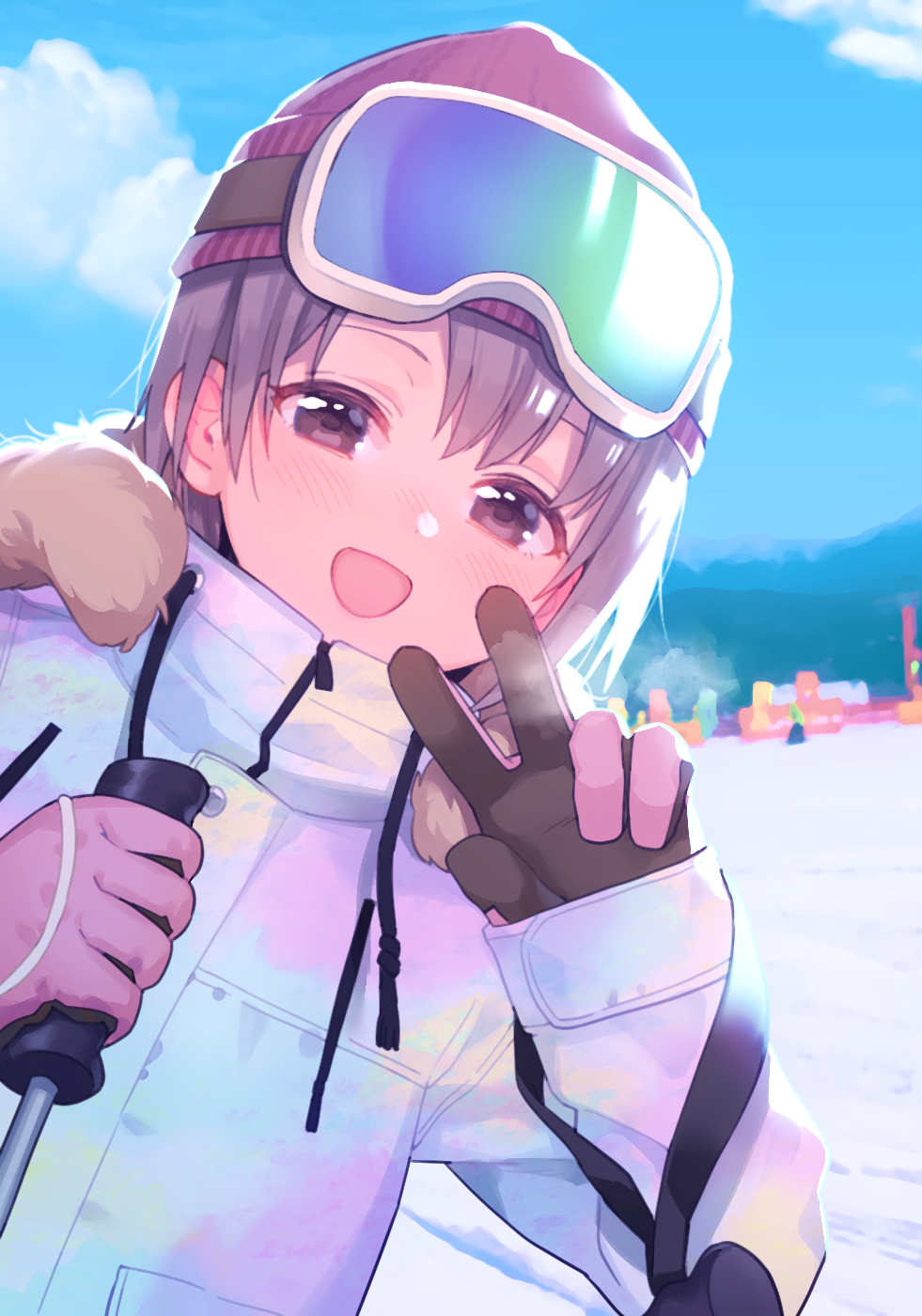 1girl bangs beanie blue_sky blush brown_eyes brown_hair clouds commentary_request day drawstring eyebrows_visible_through_hair fur-trimmed_jacket fur_trim gloves goggles goggles_on_head hands_up hat highres holding idolmaster idolmaster_cinderella_girls jacket leaning_to_the_side long_sleeves mountain otokura_yuuki outdoors pink_gloves red_hat ski_goggles sky sleeves_past_wrists snow solo uso_(ameuzaki) v white_jacket