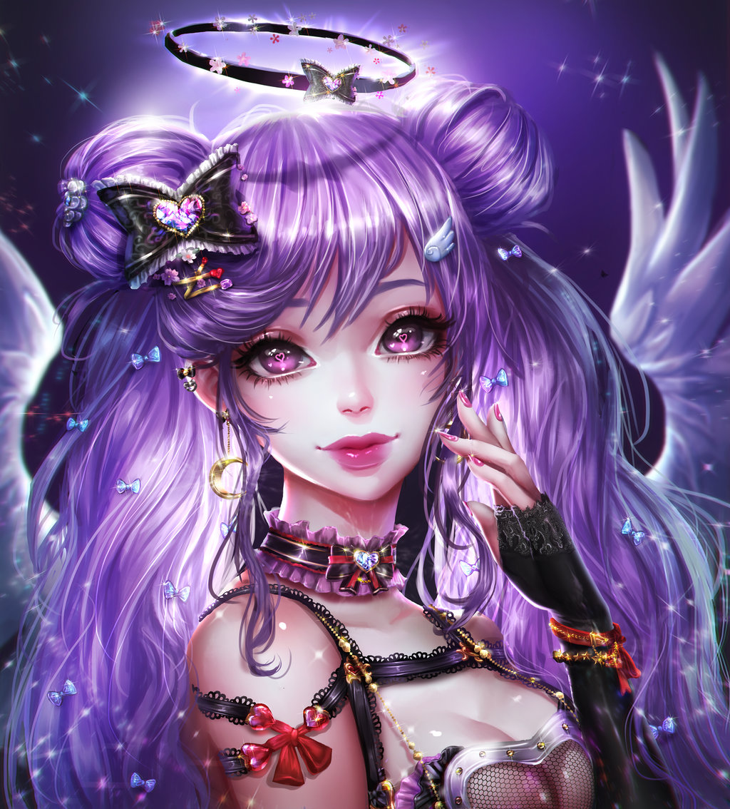 1girl angel bangs black_bow bow breasts choker cleavage closed_mouth commentary crescent crescent_earrings double_bun earrings eyelashes fantasy frilled_bow frills hair_between_eyes hair_bow halo hand_up jewelry lips long_hair looking_at_viewer medium_breasts nail_polish original portrait purple_hair purple_lips purple_nails rena_illusion shiny shiny_hair solo swept_bangs twintails violet_eyes white_frills white_wings wings